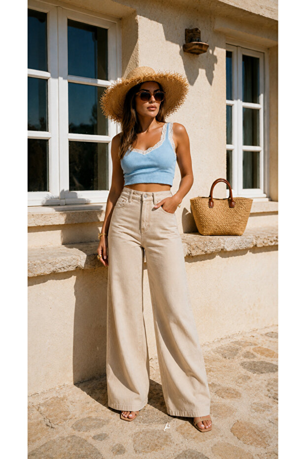 High-Waist Cream Palazzo Denim Pants