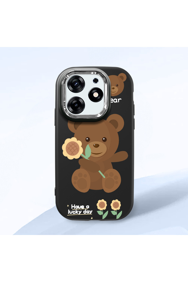 Tecno Spark 10 Pro Compatible Case Camera Protective Black Silicone Couple Phone Case with Bear Pattern