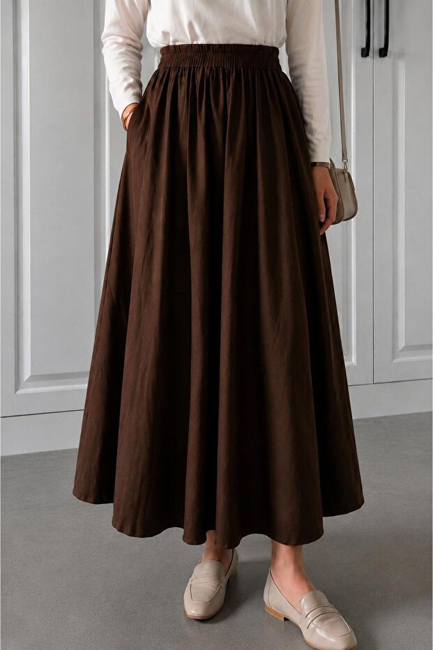 Women's Black Elastic Waist Pocketed Scuba Crepe Lycra High Waist Long Flared Skirt