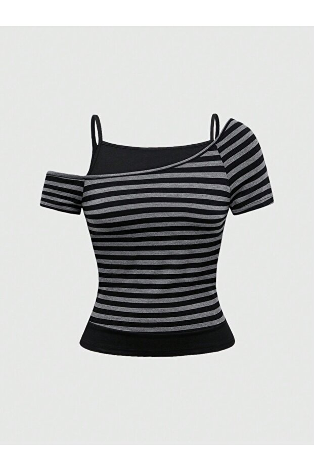 Italian Style Gray Black Striped Short Sleeve Blouse with Additional Straps