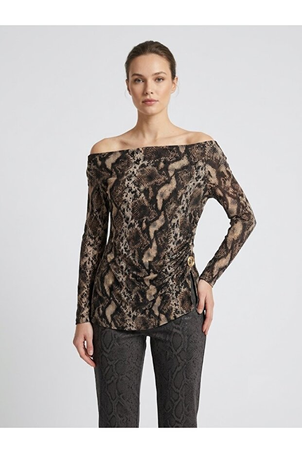 Fi̇mka Explosion Snake Patterned Boat Neck Long Sleeve Blouse 18748