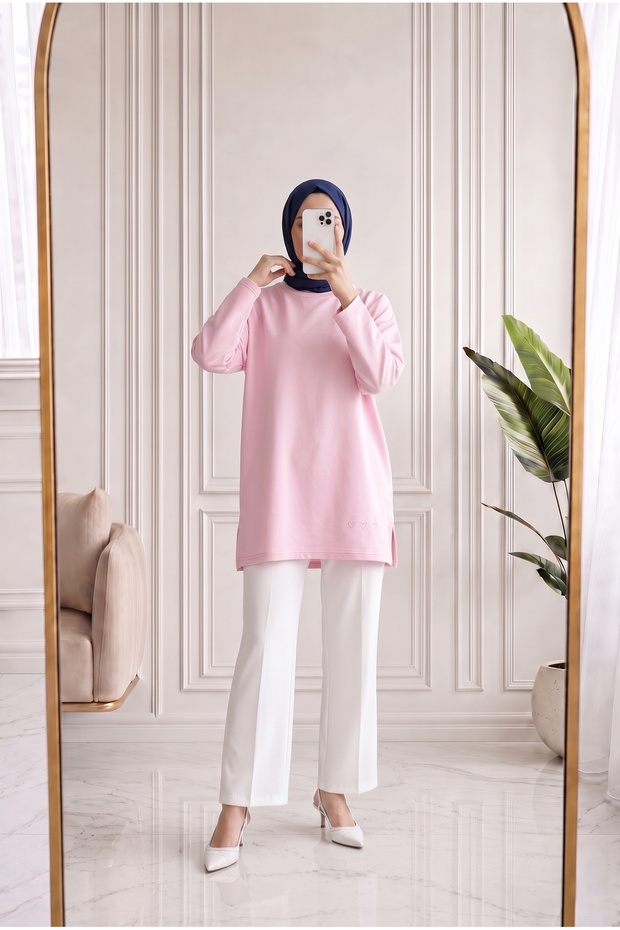 Mahay Heart Embroidered Slit Tunic-Ss13074 Pink