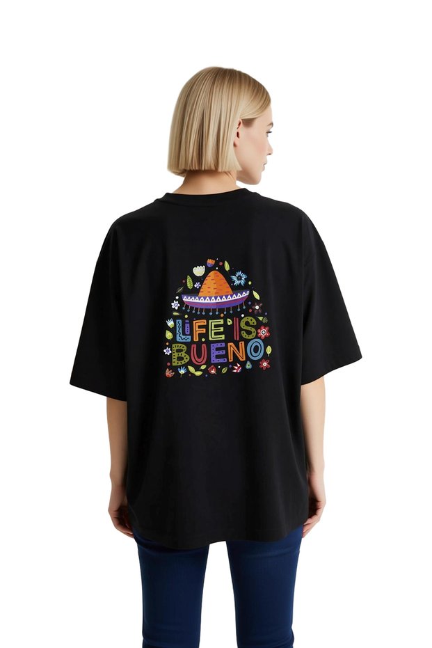 Women's Oversize Short Sleeve T-Shirt Colorful Celebration Text Printed Relaxed Fit Casual Wear Modern Stylish