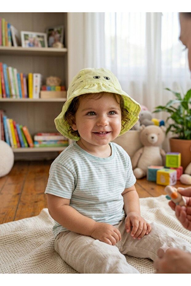 Cotton Baby Bucket Hat - Eye Patterned Ruffle Beach Sun Hat