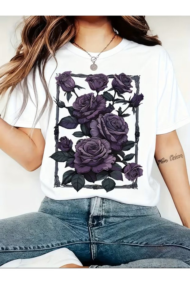 T-Shirt Color Matching Floral Frame Printed Cotton Women's T-Shirt