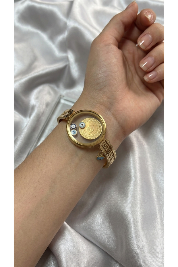Gold Evil Eye Beaded Medallion Detailed Steel Handcuff Bracelet – Women's Stainless Steel Bracelet
