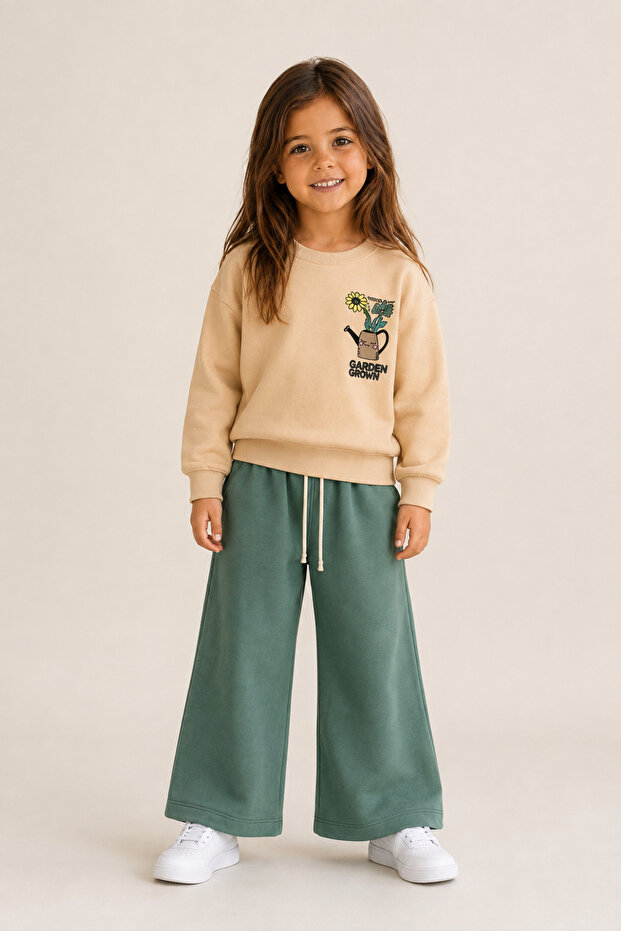 Girl's Front and Back Printed Two-Thread Brushed Sweatshirt Wide-Leg Sweatpants Set