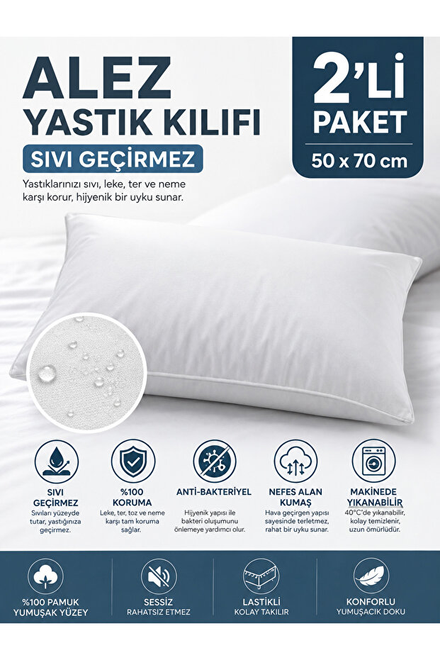 2-Pack Waterproof Pillow Covers 50X70 cm - Cotton Surface Zippered Pillow Protector Cover