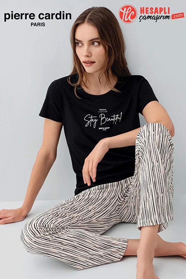 Paris Premium Large Size Women's Stay Beautiful Black Striped Short Sleeve Pajama Set