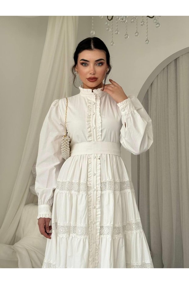 Women's Ecru Midi Dress with Stand Collar, Ruffle Detail, Belted, Buttoned, Lace Trim