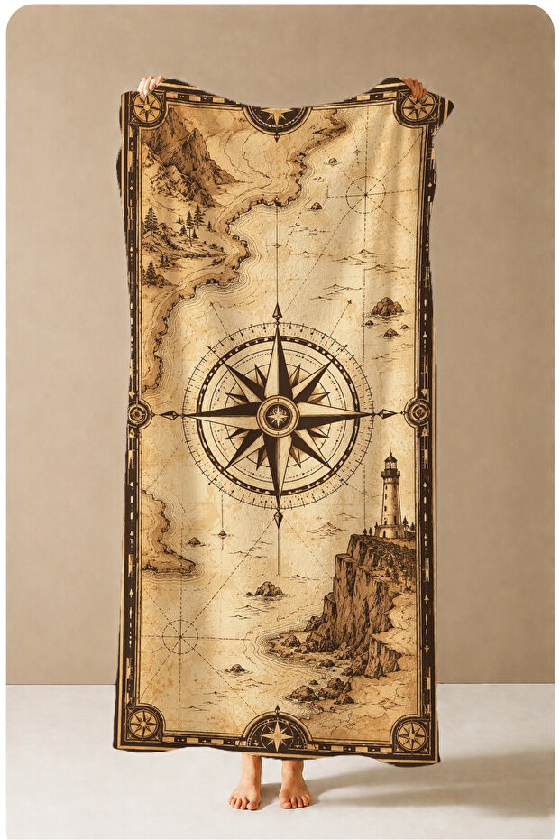 Vintage Nautical Map Compass Patterned 70X150 Beach Towel - Digital Printed Bath Towel