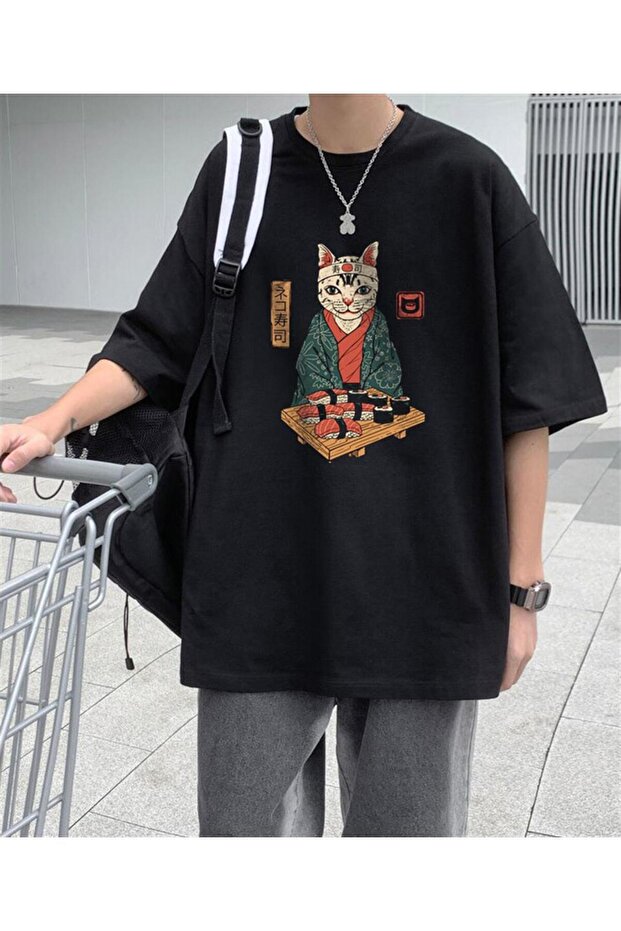 Mi̇ngalondon Sushi Cat Black Unisex Oversize T-Shirt