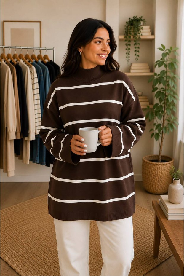Women's Striped Oversize Knitwear Sweater High Collar Loose Comfortable Fit Long Sleeve Winter Sweater
