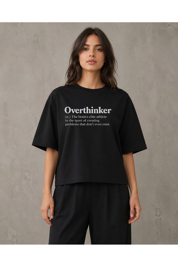 Overthinker Slogan Printed Oversize T-Shirt Unisex 80% Cotton Boxy Fit Streetwear T-Shirt Thick Textured