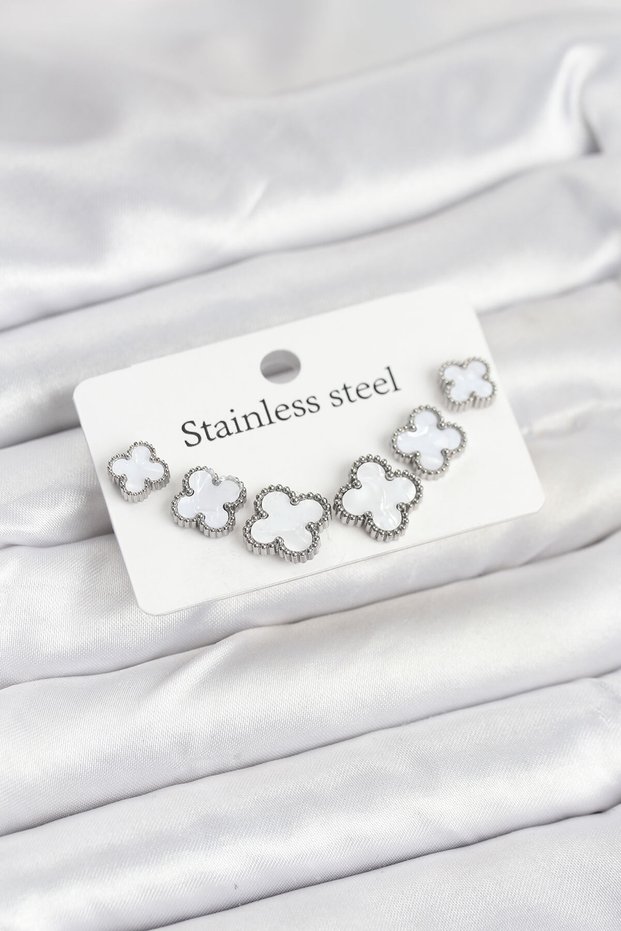 Silver Steel White Three Size Clover Earrings Set for Elegant Woman