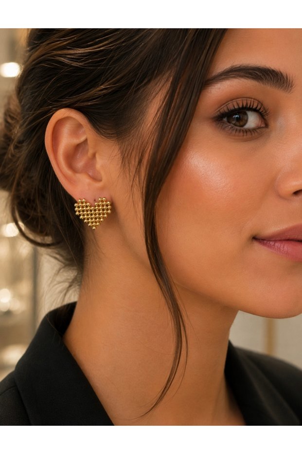 Gold Beaded Heart Steel Earrings – Women's Earrings