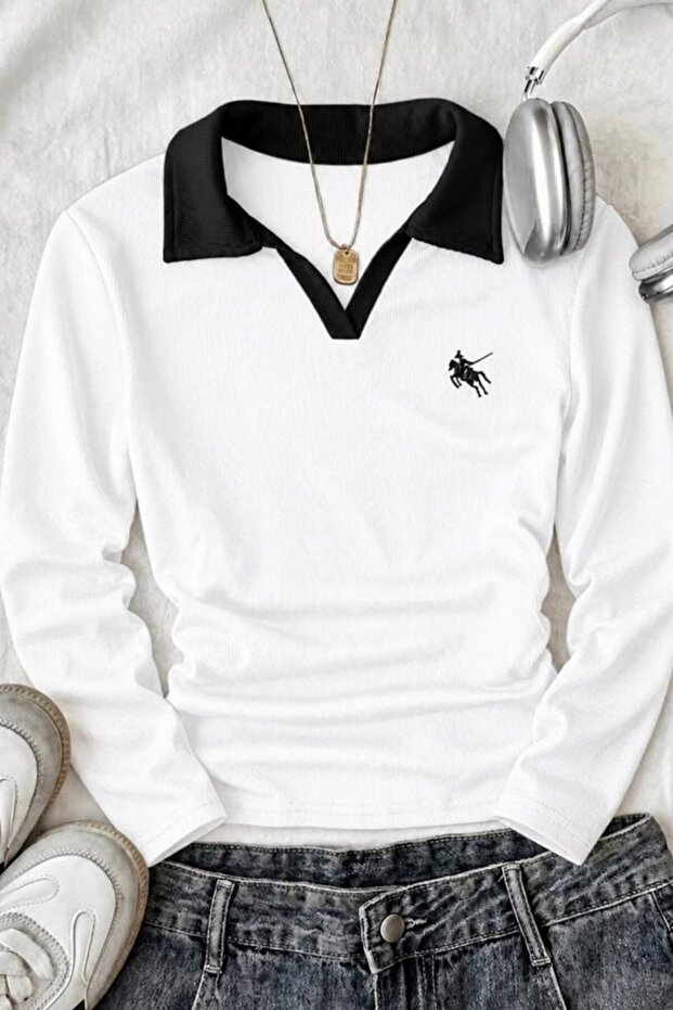 Soul Polo Collar Embroidered Gathered Long Sleeve Blouse