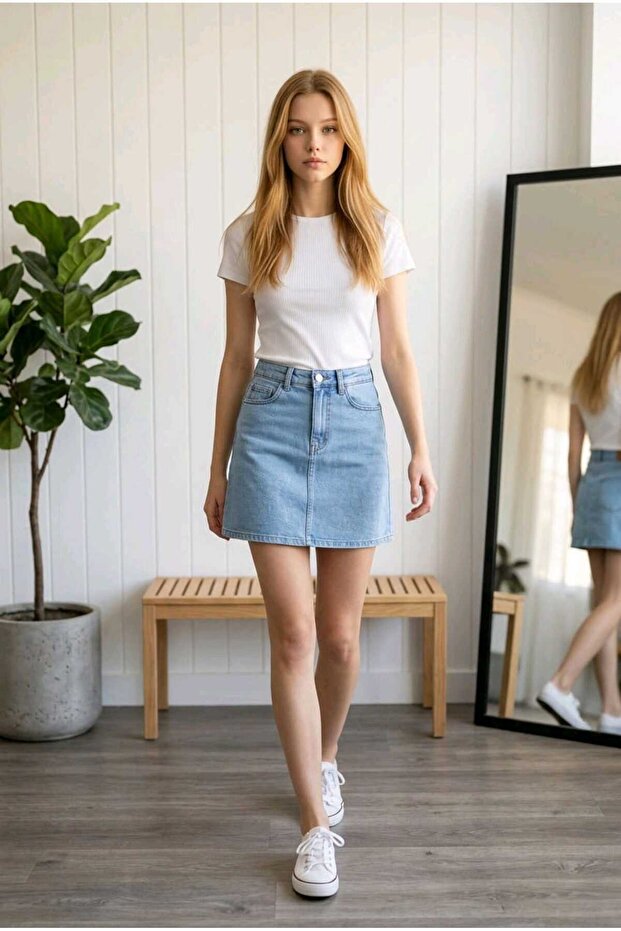 New Without Slits Ice Blue Color Denim Short Jeans Skirt with Pockets
