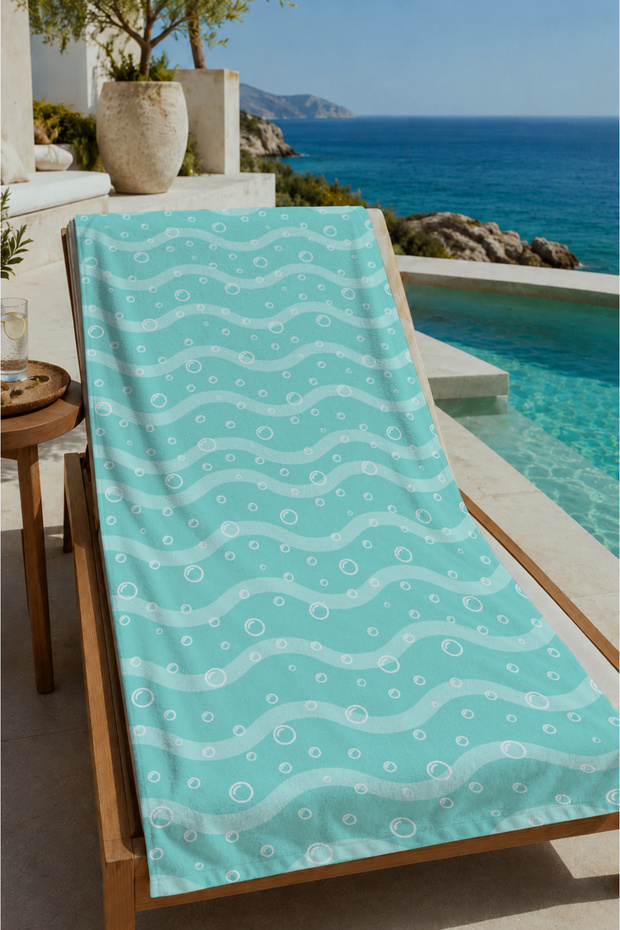 Mint Green White Wavy Striped Patterned 70X150 Beach Towel - Cotton Bath Towel