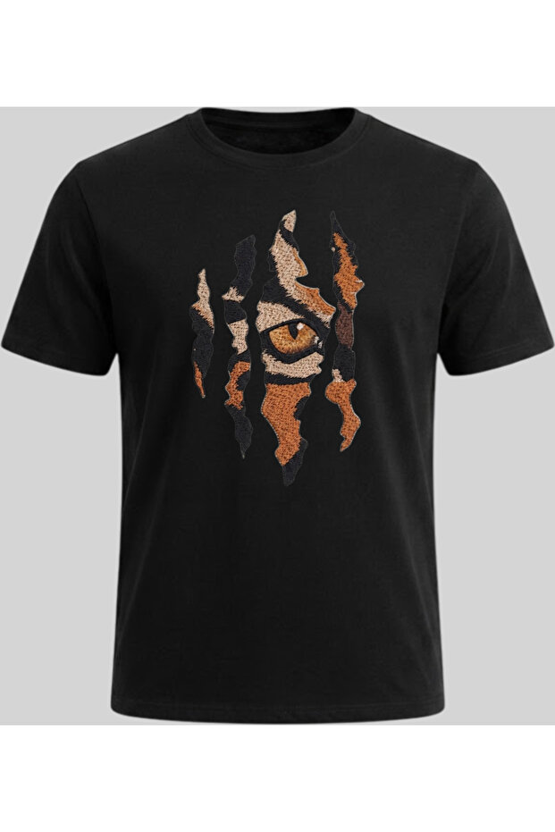Black 100% Cotton Tiger Eye and Paw Print Patterned Printed Unisex T-Shirt