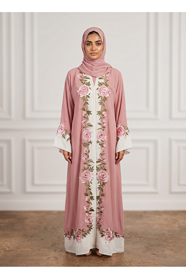 Dusty Pink Floral Vine Contrast Panel Abaya
