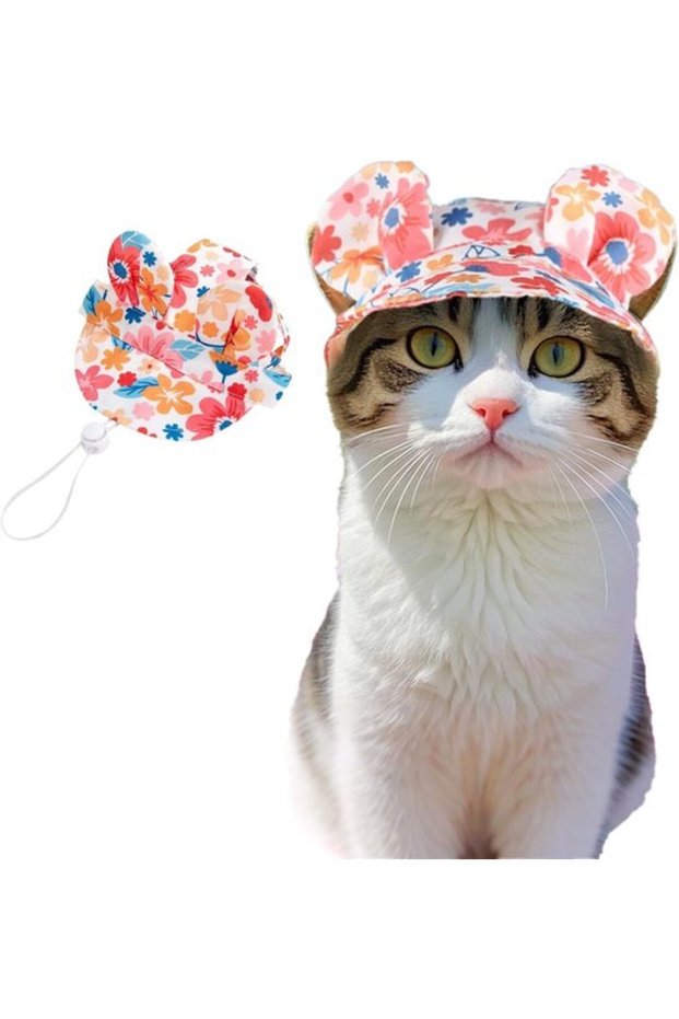 Adjustable summer pet hat, suitable for dogs and cats, with ear openings, breathable sun-protective, perfect small ideal outdoor activities (pink, L).