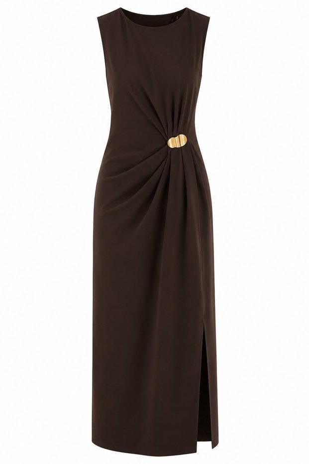 Acı Kahve Beli Gold Buckle Long Dress - 2Y8191