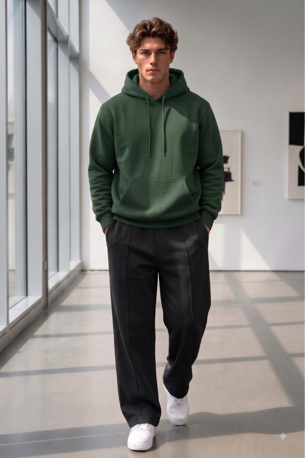Men's Green Plain Hooded Sweatshirt Black Wide Leg Sweatpants Set