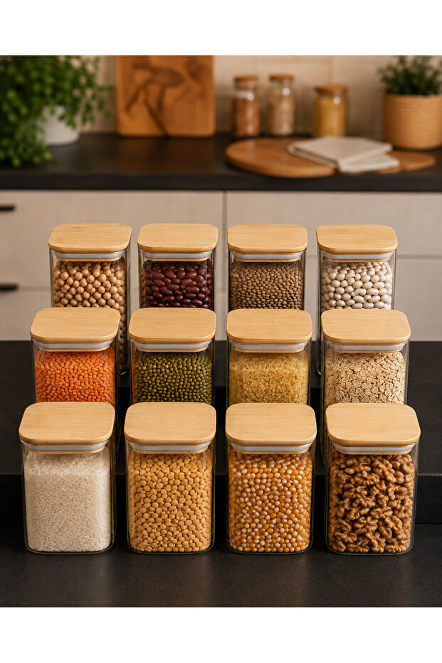 Set of 12 1230 ml Square Borosilicate Glass Jars – Vacuum Sealed with Bamboo Lids - 8459-1