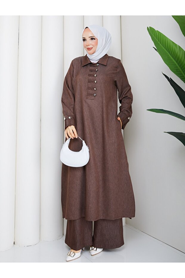Meleni Women's Button Detailed Long Tunic and Trousers Plus Size Denim Two-Piece Set
