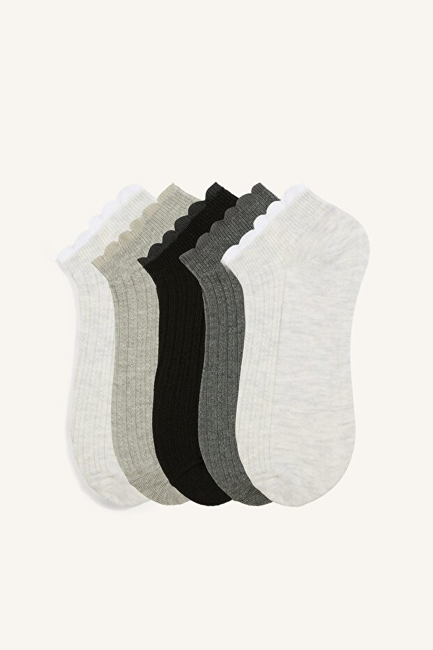 Women's Set of 5 Wavy Edge Ribbed Cotton Booties Socks E2119Axns