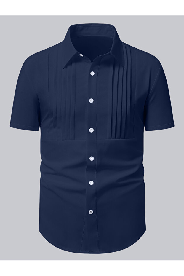 Men Navy Blue Pleated Spread Collar Shirt