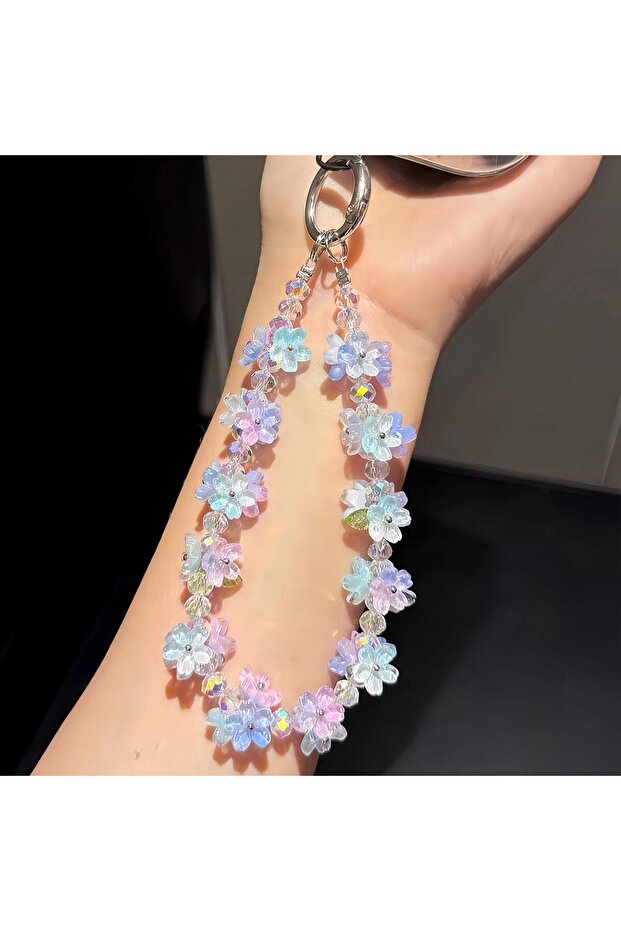 A Gradient Crystal Flower Mobile Phone Chain Anti Loss Wrist Strap Girl Style Bag Key Pendant