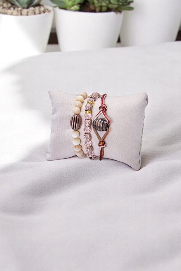 Pearl Patterned Natural Stone Wooden Braided Thread Triple Set Bracelet