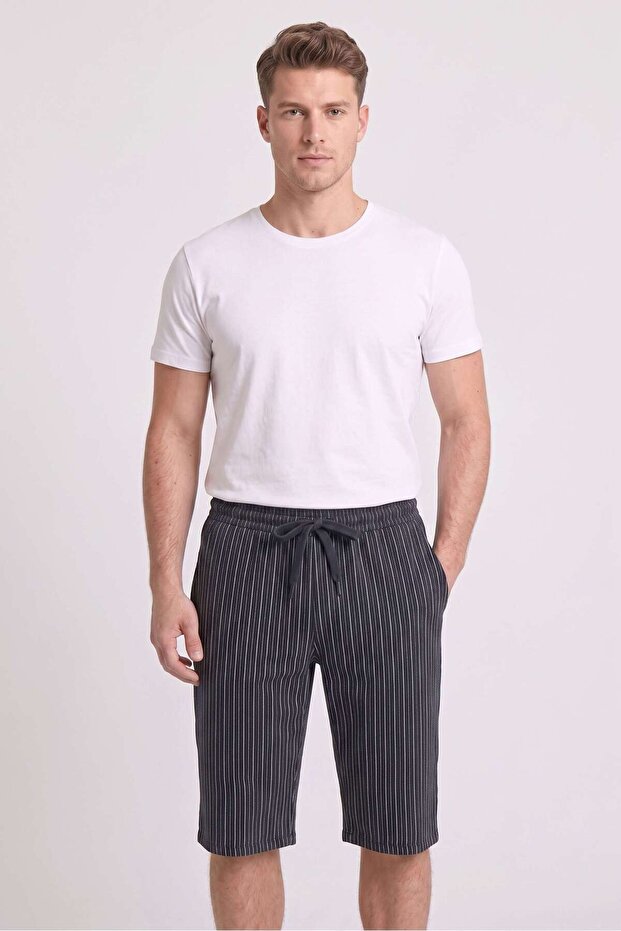 Men's Black and White Striped Combed Modal Capri