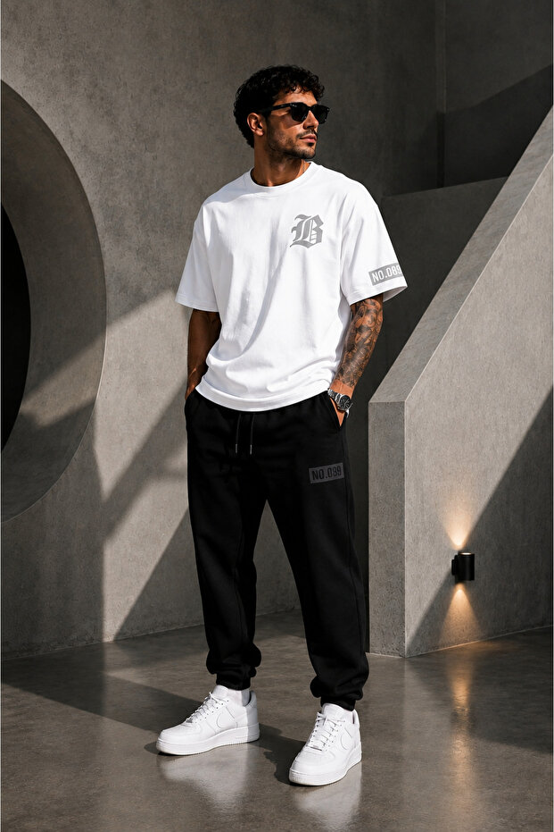 089 Print Detailed Oversize Cotton T-Shirt Tracksuit Set