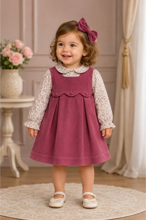 Velvet Dress Baby Collar Cotton Floral Patterned Blouse Set