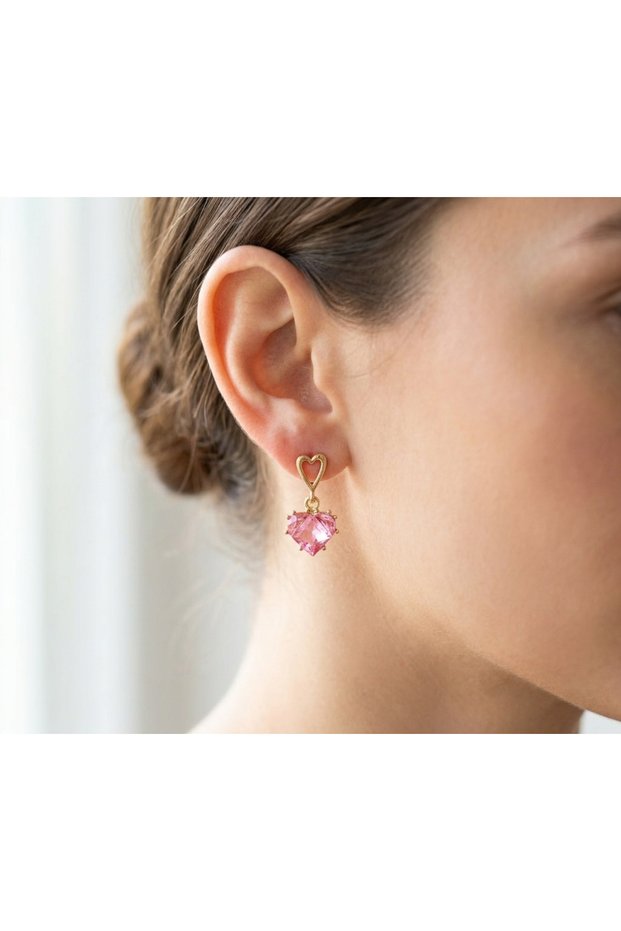 Women's Gold Color Heart Detailed Pink Crystal Stone Dangle Earrings - Elegant, Stylish, Sparkling Gift Earrings