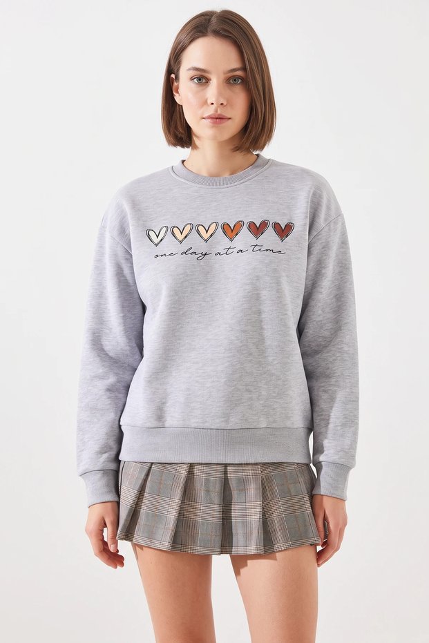Women's Three Thread Yarn Embroidered Colorful Heart Printed Gray Melange Sweatshirt