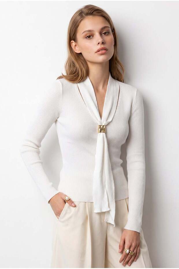 7040 Women's Buckle Shawl Collar Ribbed Knit Sweater White