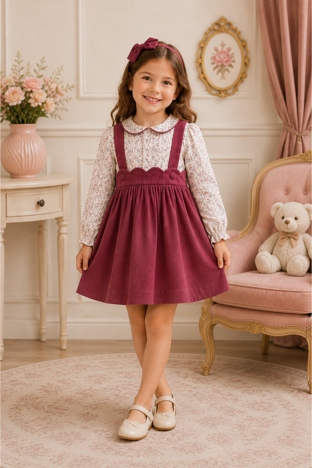 Baby Collar Floral Blouse Velvet Dress Girls' Double Set