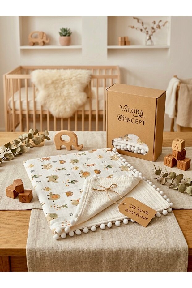 Double-Sided Pompom Muslin Pique Blanket 100% Cotton 80Cmx80Cm