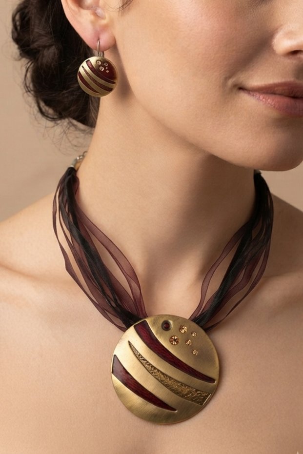 Multiple Tulle Ribbon Stone-Encutured Necklace and Earrings Set