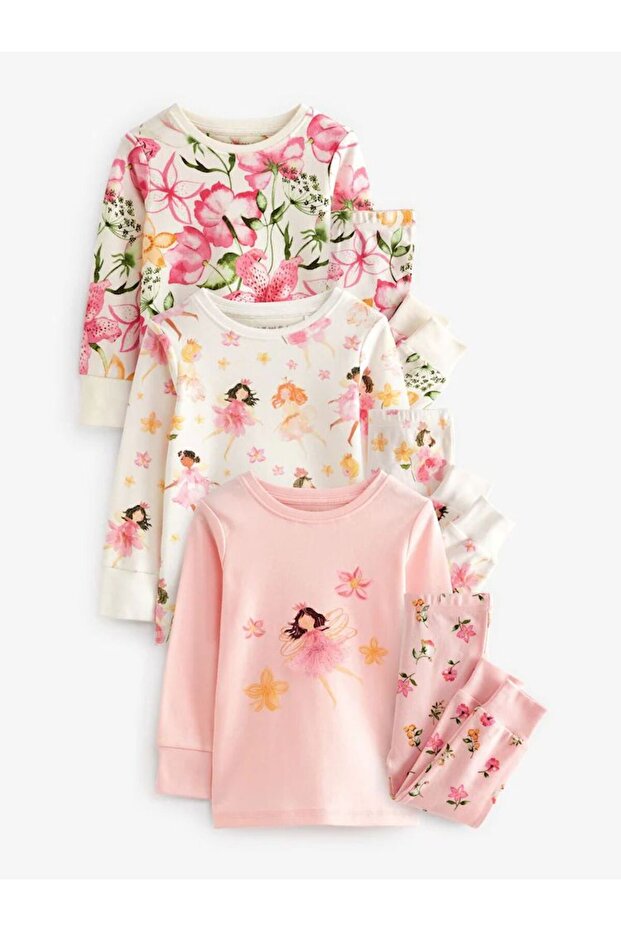 Cotton Pink Fairy Patterned Long Sleeve 3-Piece Pajama Set