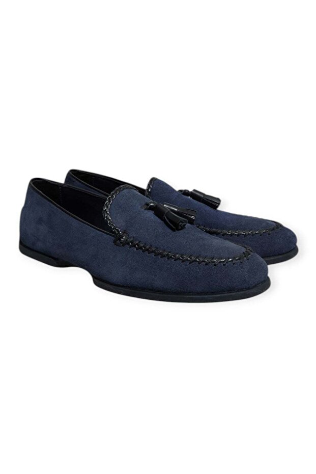 Dark Blue Color Laceless Genuine Leather Men's Shoes