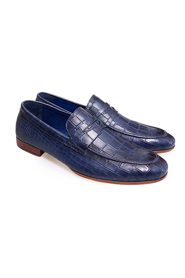 Dark Blue Color Laceless Genuine Leather Men's Shoes