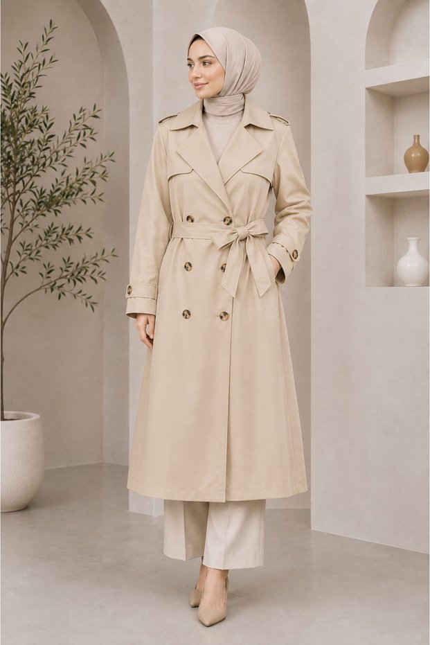 Lined Belted Double Button Trench Coat