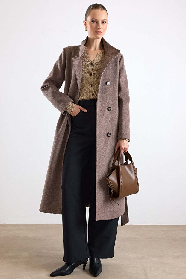 High Collar Double Breasted Long Coat Latte 3176