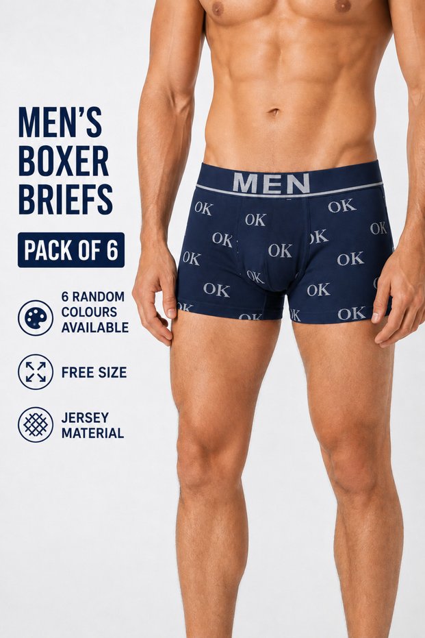 Men’s Boxer Briefs Pack of 6 – Free Size Jersey Underwear, Soft Breathable Fabric, Elastic Waistband, Comfort Fit, Random Colours