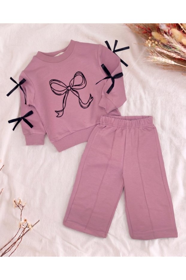 Girl's Bow Detailed 2-3-4-5 Years Old Stylish 2-Piece Set with Wide-Legged Trousers, 100% Cotton Top and Bottom Set